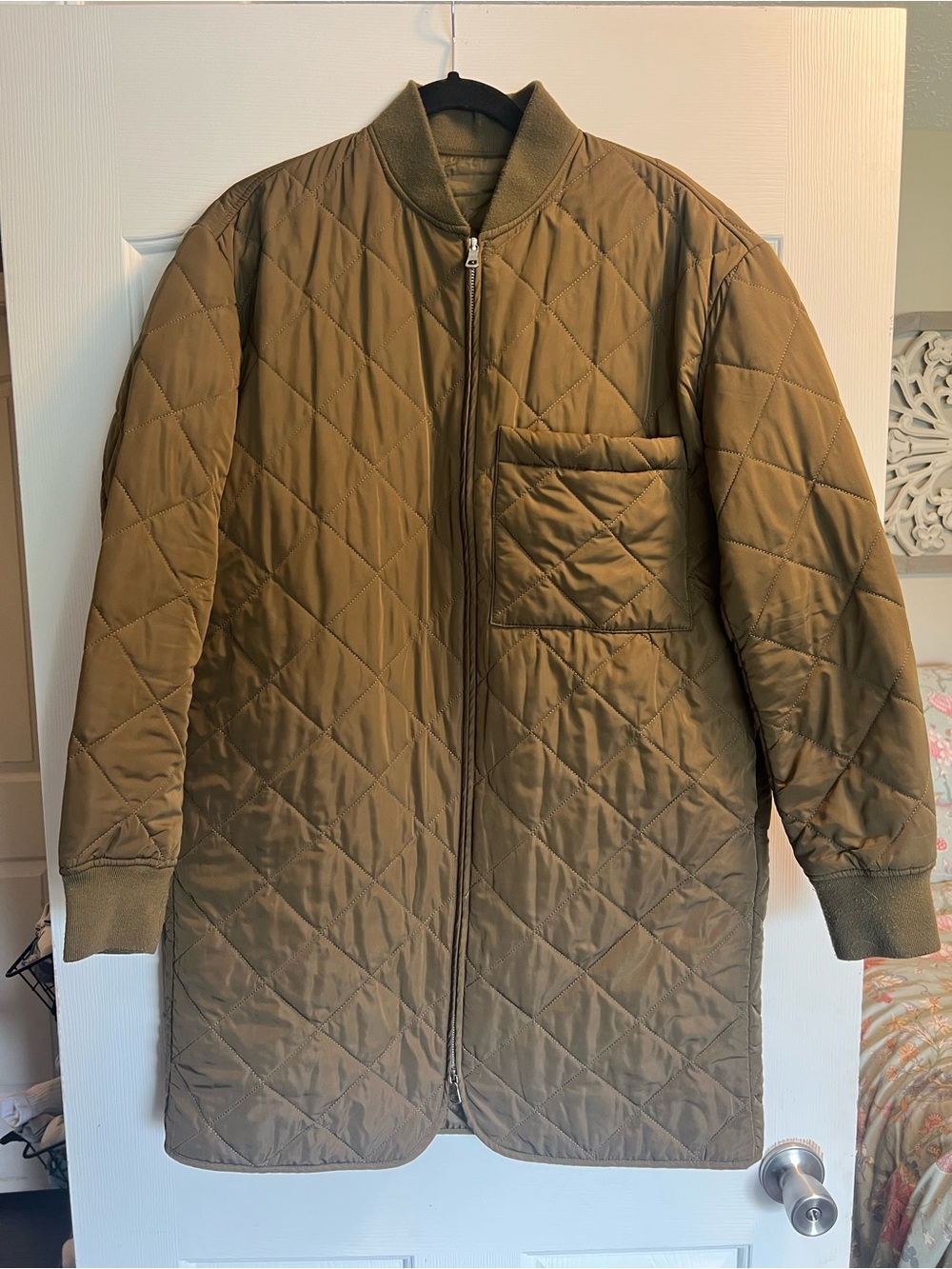 Quilted Long Bomber Jacket - Olive